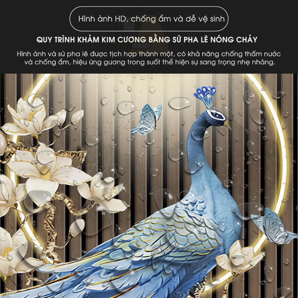 Tranh Đính Đá Pha Lê Đèn LED chim công, Cao Cấp Treo Tường, Decor Phòng Khách - Top Decor