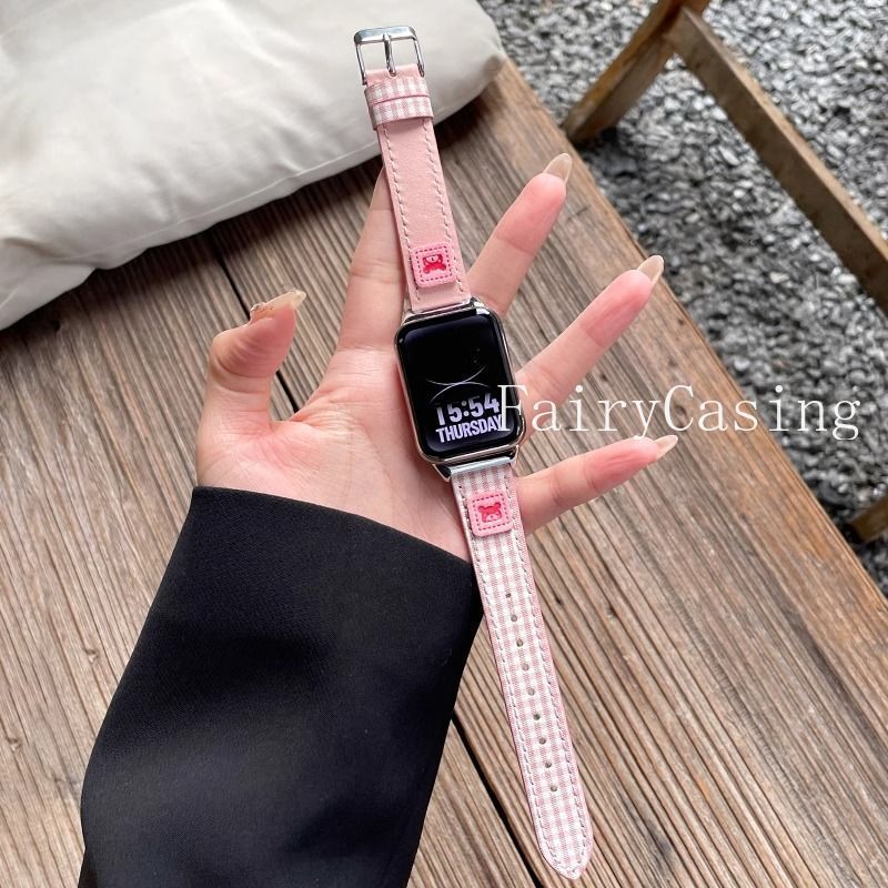 Dây đeo đồng hồ da gấu dễ thương cho Xiaomi Mi Band 8 9 10 Pro Vòng đeo tay ca rô Dây đeo cổ tay cho Redmi Watch 6 5 4 Band