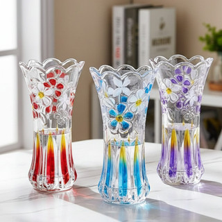 Bình bông lọ hoa thủy tinh in màu hoa văn cao cấp cao 20, 25, 30cm màu đỏ, màu xanh dương