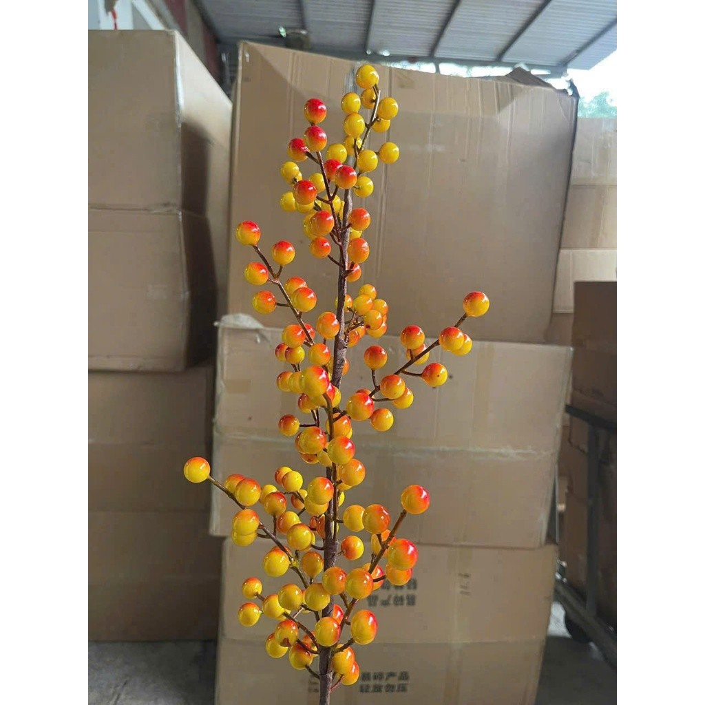 Cành đào đông 12 nhánh vàng cam_trang trí tháp oản, trang trí nhà cửa_Tết 2026