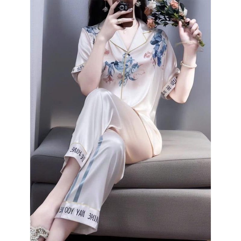 Đồ Bộ Nữ Pijama Bộ Lụa latin Tay ngắn hoa hồng cổ sơ mi XXTTIIÔ