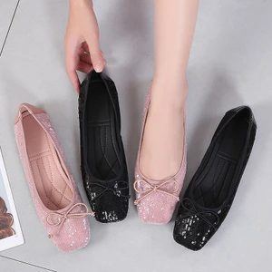 Nơ Đơn Giày Màu Khối Vuông Ngón Chân Retro Nông Miệng Thời Trang Size Lớn Giày Nữ