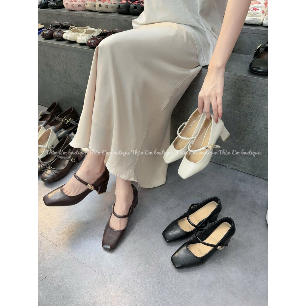 [Thảo em - GC68] Giày búp bê nữ công sở gót cao 6-7p mũi vuông phối khuy trám cạnh [Có Sẵn]