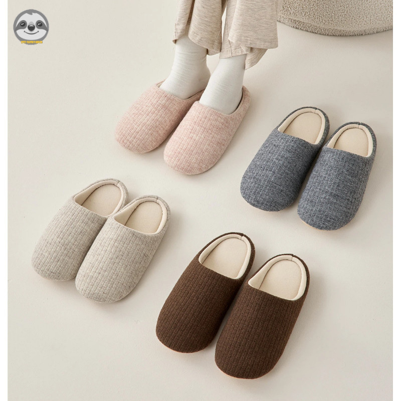 Phong cách Nhật Bản Muji Đôi sọc đen Dép cotton chống trượt / Dép ấm tại nhà / Dép đi chơi giữ ấm