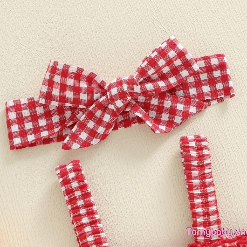 Bé Gái Ngày Lễ Tình Nhân Áo Liền Quần Kẻ Sọc Trái Tim Táo Không Tay Suspender Jumpsuit Có Băng Đô