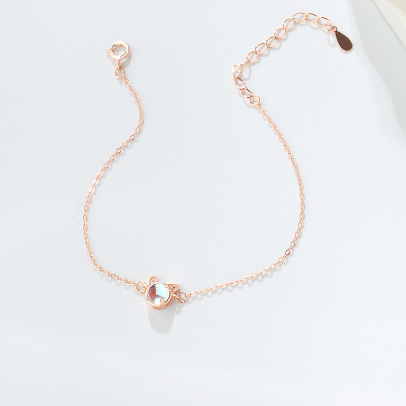 Vòng tay đá mặt trăng hình mèo nhỏ bạc s925