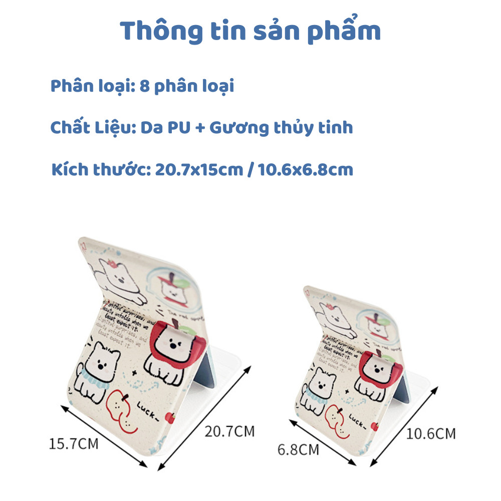 Gương Trang Điểm Mini Cầm Tay Da PU Cao Cấp, Nhỏ Gọn, Gương Gập Để Bàn Hoạt Hình Dễ Thương