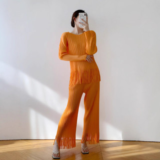 Miyake Xếp Ly Nữ Mùa Thu - Màu Trơn Viền Top Quần, Phù Hợp Thời Trang Hai Mảnh