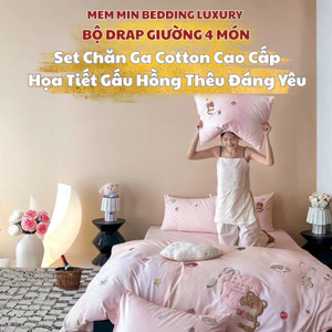 Bộ cotton mài lông thu đông cao cấp Memminbedding Luxury phong cách dễ thương, ấm áp, họa tiết gấu hồng