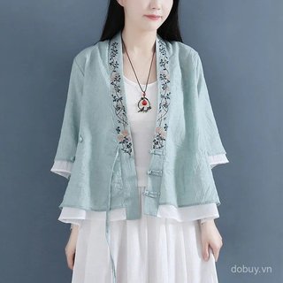 Cardigan nữ phong cách Trung Hoa vintage, vải lanh cotton pha trộn, tay áo 3/4