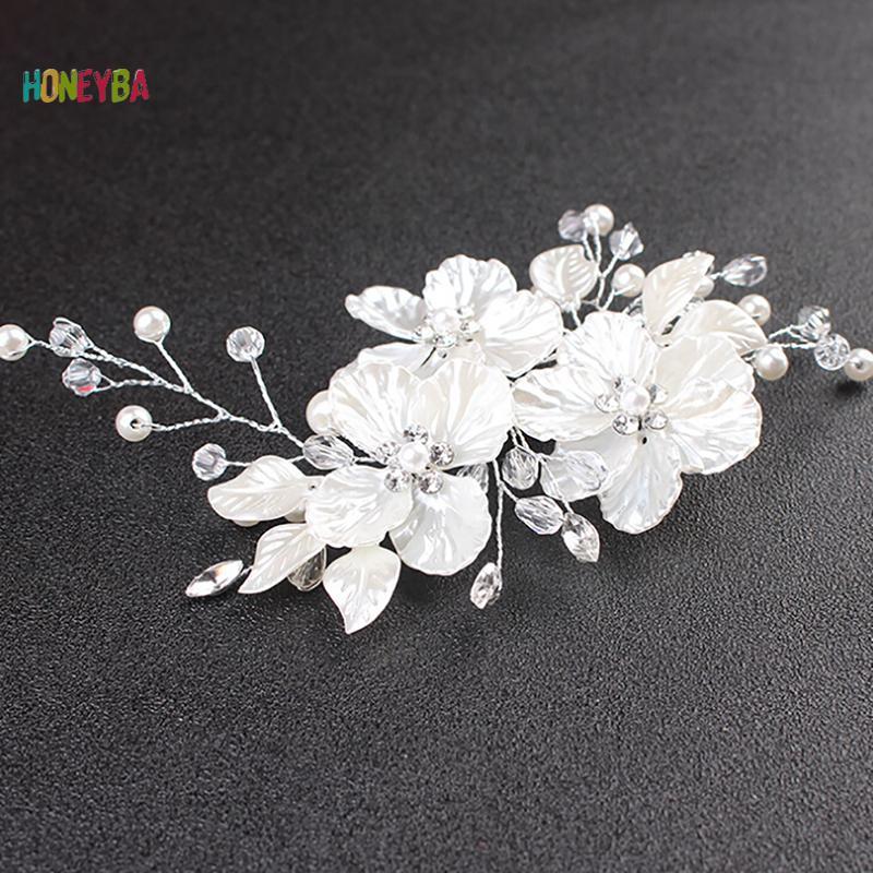 < Honeyba > Cô Dâu Pha Lê Ngọc Trai Hoa Trang Sức Tóc Cưới Phụ Kiện Tóc Sang Trọng