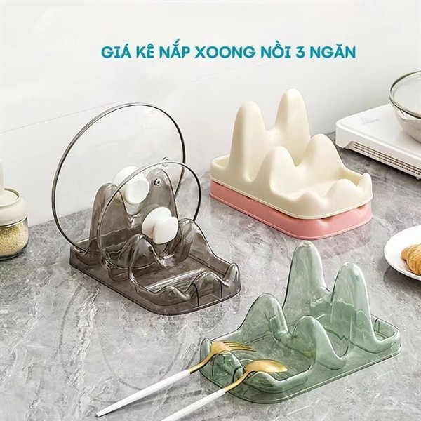 Khay để nắp xoong nồi 3 ngăn thiết kế thông minh, chống trượt và gác thìa đũa gọn gàng.