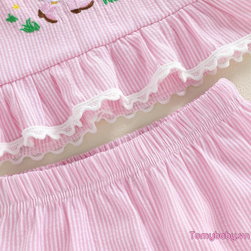 Bộ trang phục mùa hè cho bé gái mới biết đi Áo Vest thêu cổ tròn không tay + Bộ quần short hở lưng co giãn