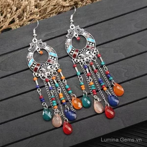 Bộ bông tai bohemian phong cách dân tộc retro Hong Kong, thiết kế thanh mảnh và sang trọng