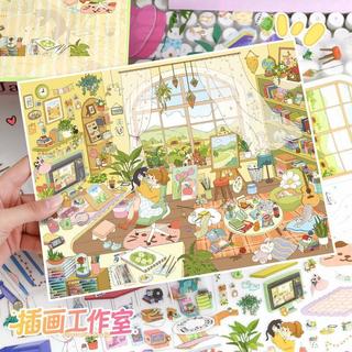 ENWEI 5 Miếng nhãn dán phong cảnh 3D chống nước, phong cách hoạt hình, dùng cho album ảnh, nhật ký