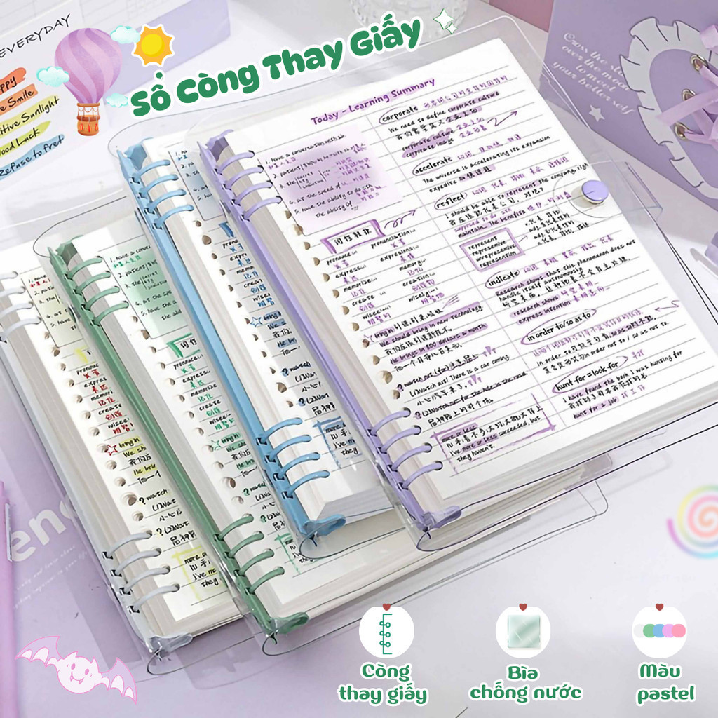 Sổ lò xo bìa còng trong suốt khổ A5/A6 cao cấp, Sổ ghi chép học tập, bullet journal tiện lợi DINO