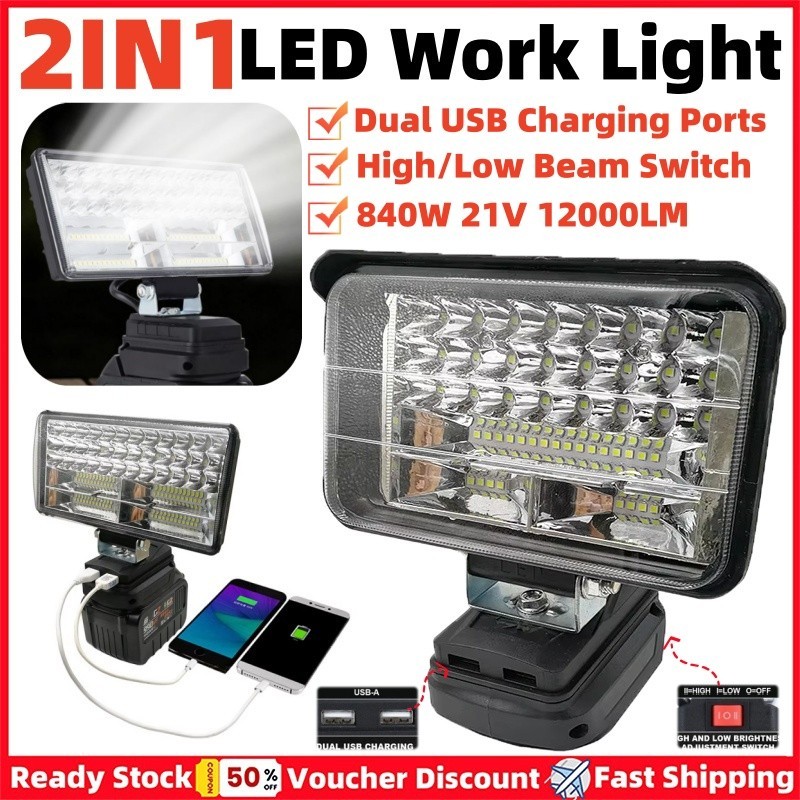 Đèn LED làm việc đa chức năng 840W 21V với cổng USB kép Sạc điện thoại Pin Li-ion Đèn pha không dây Đèn pha khẩn cấp cho ngoài trời trong nhà