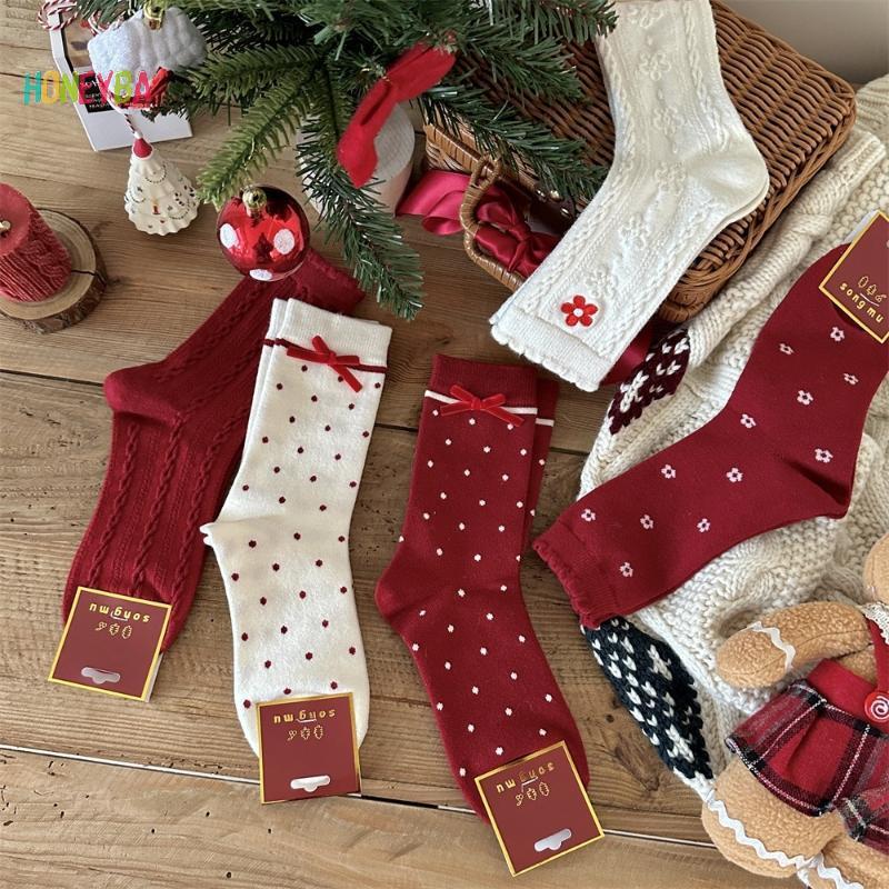 < Honeyba > 5 Đôi Tất Giáng Sinh Nữ Ông Già Noel Dễ Thương Thu Đông Nai Sừng Tấm Nữ Giữa Bắp Chân Tất Lễ Hội Giáng Sinh Vui Vẻ Tất