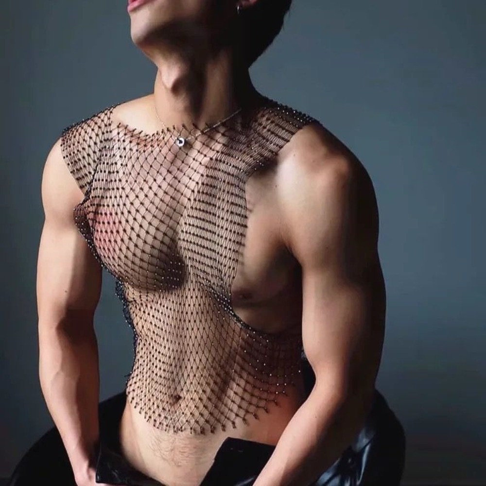 Áo tăng nam NORBORTO, Áo Vest lưới cá trang trí bằng kim cương giả thiết kế rỗng, Áo thun lưới vải co giãn vừa vặn