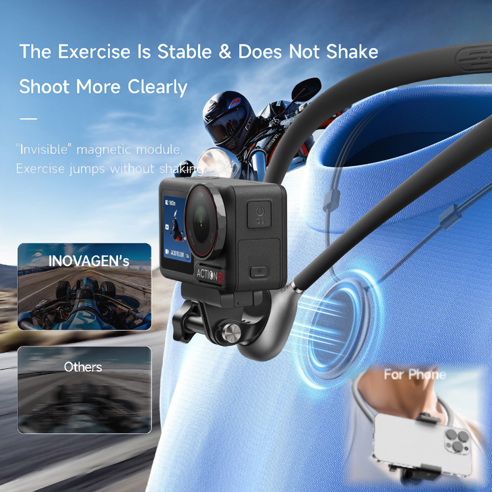 INOVAGEN Giá đỡ cổ POV từ tính thế hệ mới cho GoPro, DJI, Insta360 & Điện thoại, Chống rung & lấp đầy ánh sáng Tương thích, Dây đeo đàn hồi, Giá đỡ điện thoại gắn cổ
