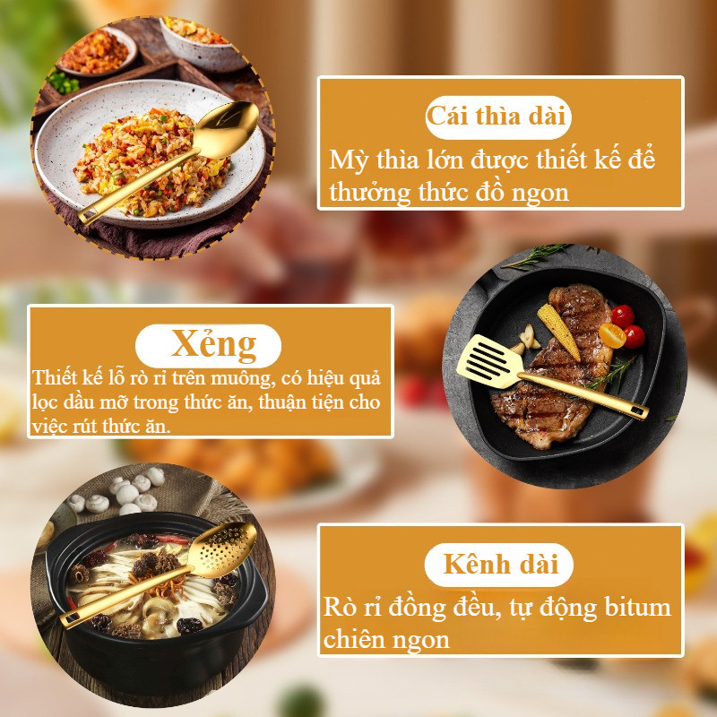 Bộ Dụng Cụ Nhà Bếp 6 Món: Vá Múc Canh, Xẻng Lật, Muôi Thủng Inox Không Gỉ – Tiện Dụng Xào, Chiên, Trộn