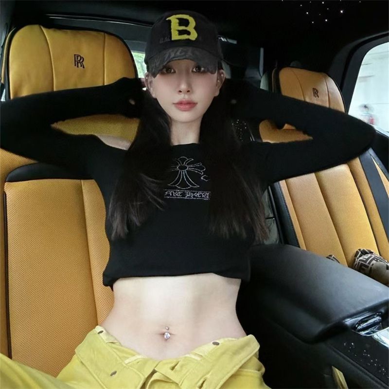 Milyfashion Y2K Hot Khoan Slanted Vai Áo thun dài tay Slim-Fit Slim-Fit Slimmer Look Hot Girl Short Top Niche Chic