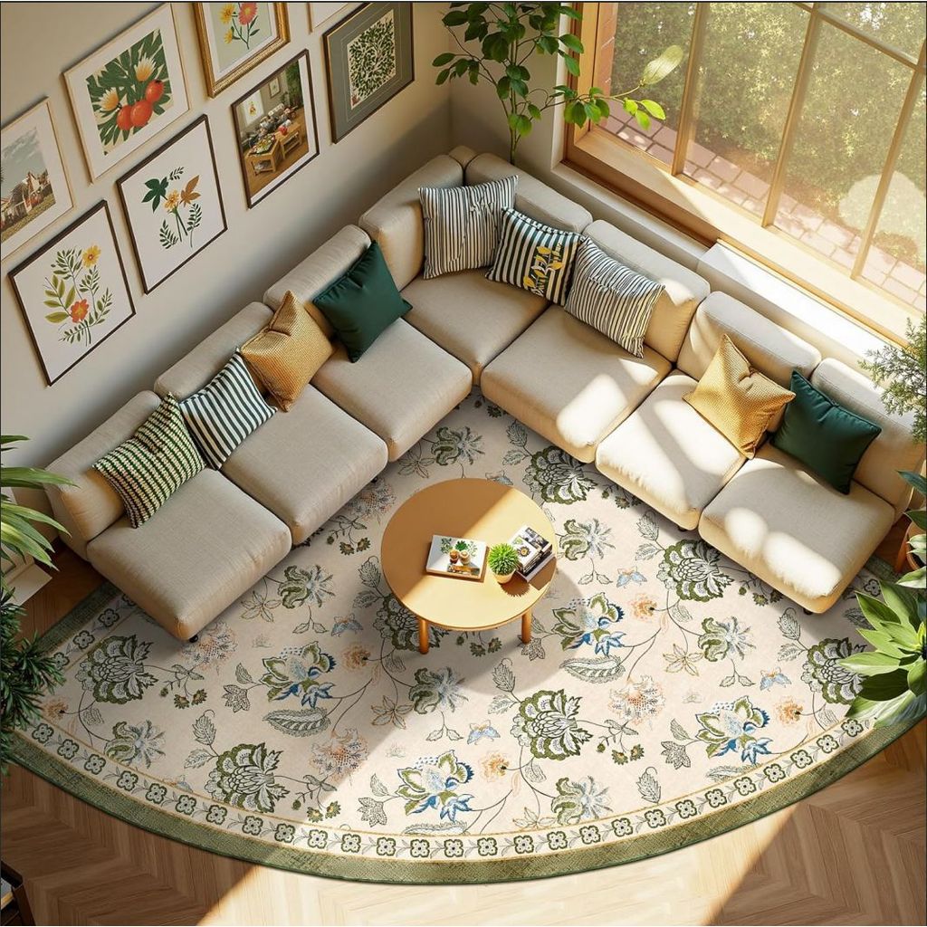 [Hàng có sẵn] Thảm trải sàn phòng khách hình quạt nhung nước hoa vintage – thảm trang trí ôm góc sofa & bàn trà, dễ vệ sinh, nhiều kích thước