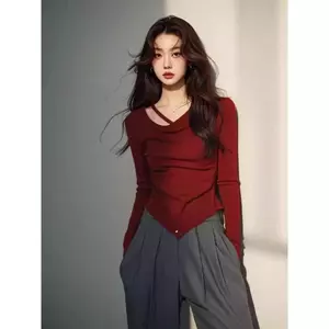 áo thun đỏ đô nữ dài tay ôm body đơn giản lệch va áo phông kiểu hàn quốc điệu đẹp cao cấp