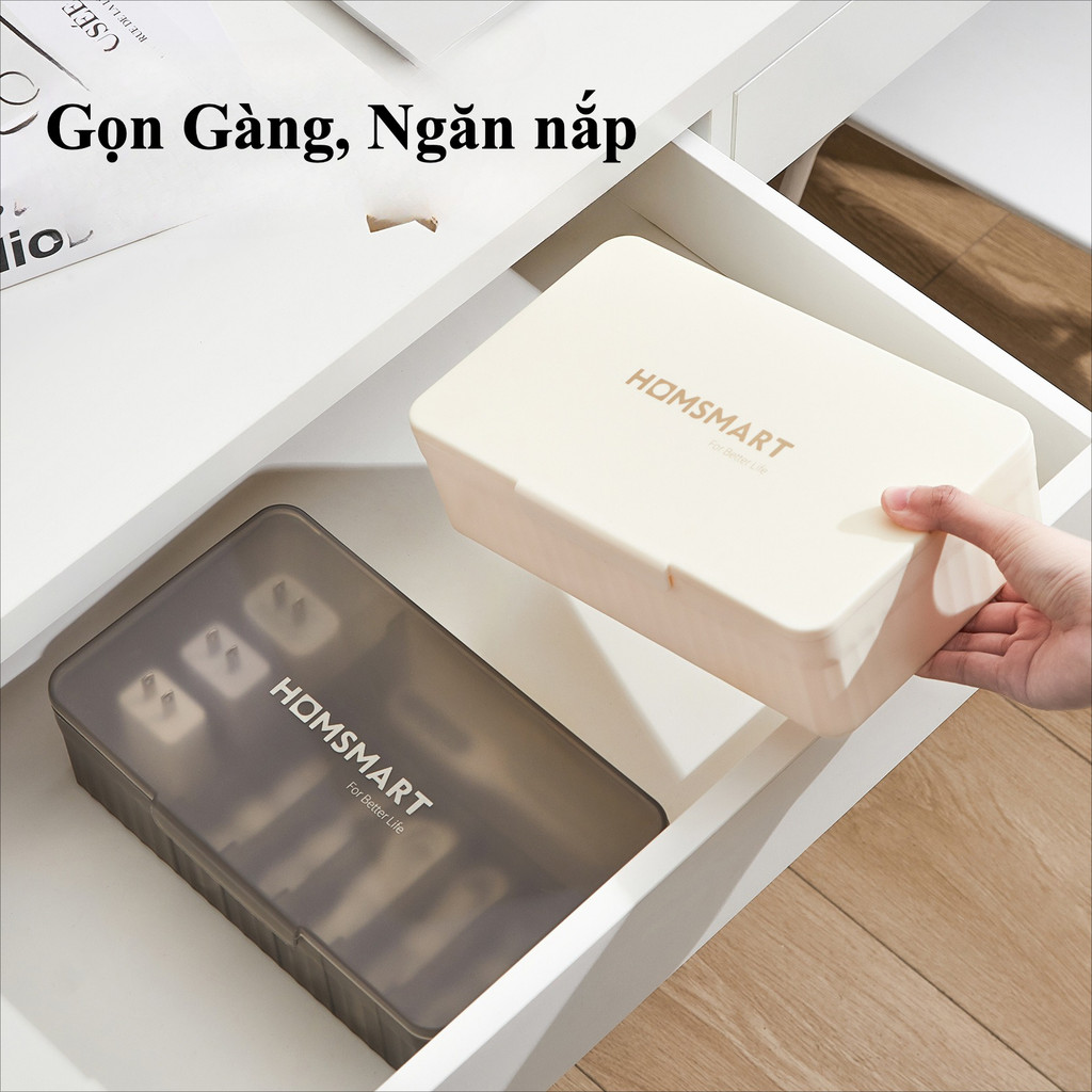 Hộp Đựng Đồ Đa Năng Có Nắp – Chia Ô – Chống Bụi – Nhựa PP| Dành Cho Trang Điểm, Dây Sạc, Mỹ Phẩm, Đồ Nhỏ Bàn Làm Việc