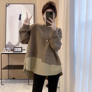 Plus Size Nữ Thu Đông Giữa Chiều Dài Giả Hai Mảnh Bao Bụng Ôm Hơn Nhìn Áo Nữ Rời Top Béo mm150kg ins