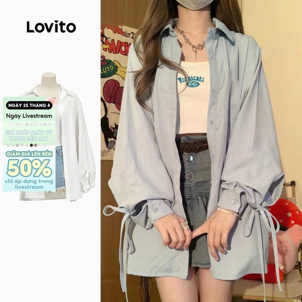 Lovito Áo sơ mi thông thường có ren trơn Áo dài tay phồng cho nữ LNE21290 (Nhiều màu)