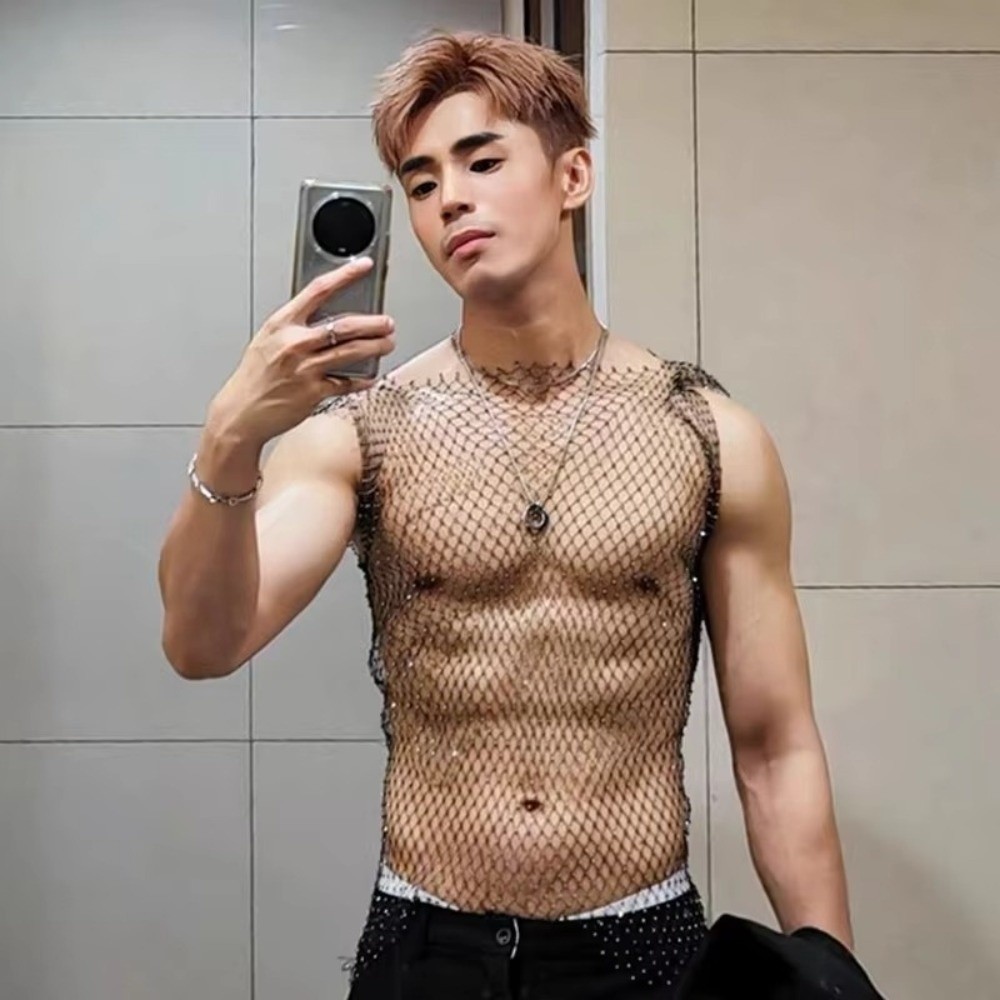 Áo tăng nam NORBORTO, Áo Vest lưới cá trang trí bằng kim cương giả thiết kế rỗng, Áo thun lưới vải co giãn vừa vặn
