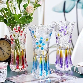 Bình bông lọ hoa thủy tinh in màu hoa văn cao cấp cao 20, 25, 30cm màu đỏ, màu xanh dương