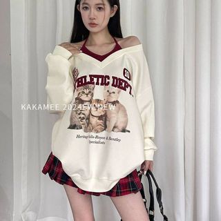 Plus Size Áo Nữ Giả Hai Mảnh Cổ Dây Dài Tay Top 2025 Mèo Vui Nhộn Béo Sister Plus Kích Thước 150kg Màu Sắc Tương Phản Giả Hai Mảnh Áo Không Dây Rời Thường Ngày Nữ Plus Size Quần Áo Nữ