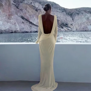 Cutenew Váy Thường Ngày Nữ Mùa Thu Kỳ Nghỉ Pleats Backless Full Tay Co Giãn Thanh Lịch Đơn Giản Chắc Chắn Dài Bodycon Vestidos