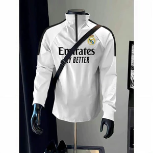Áo tập bóng đá Real Madrid và Barcelona, nửa zipper, dài tay đen/trắng, thoáng khí và nhanh khô