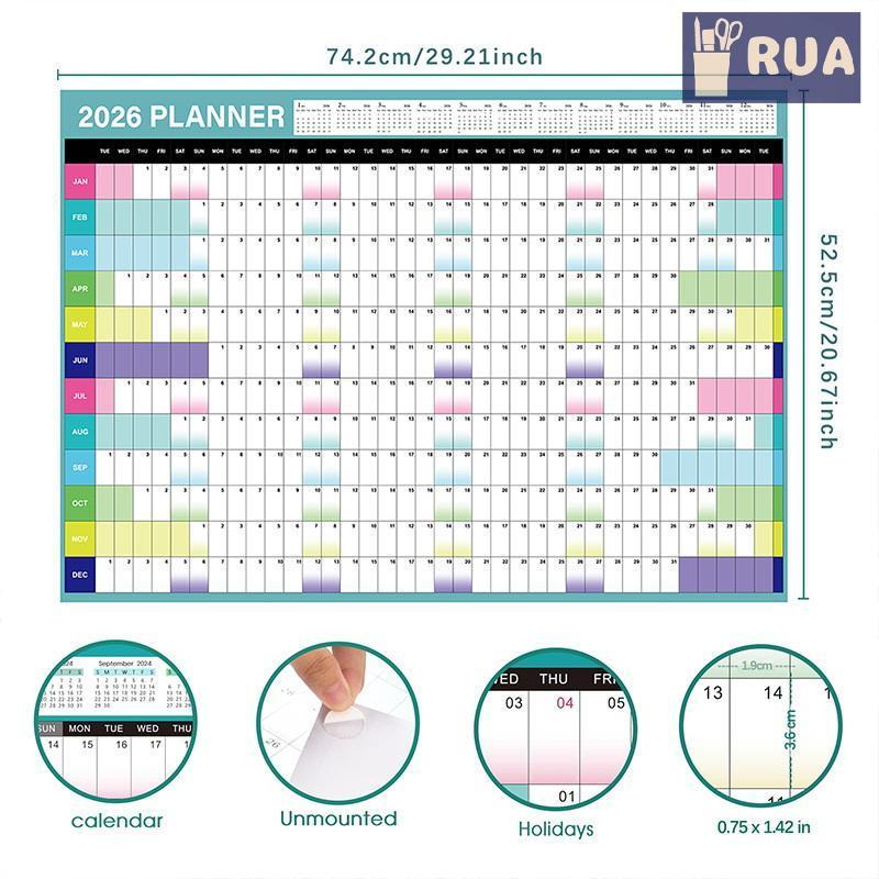 RUA 2026 Lịch Treo Tường Hàng Năm Poster Có Miếng Dán Lịch Lập Kế Hoạch Lớn Tổ Chức Văn Phòng Tại Nhà Quản Lý Thời Gian Lịch Trình Công Cụ Mới