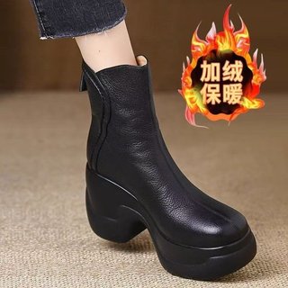 Giày Bốt Ngắn Nữ Mũi Tròn Dày Gót Lưng Dây Kéo Thời Trang Ôm Hơn Nhìn