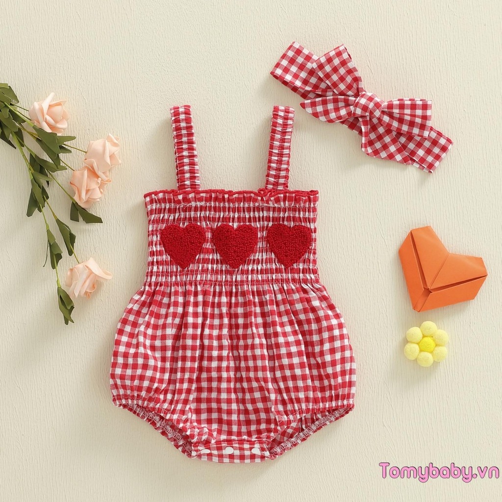 Bé Gái Ngày Lễ Tình Nhân Áo Liền Quần Kẻ Sọc Trái Tim Táo Không Tay Suspender Jumpsuit Có Băng Đô