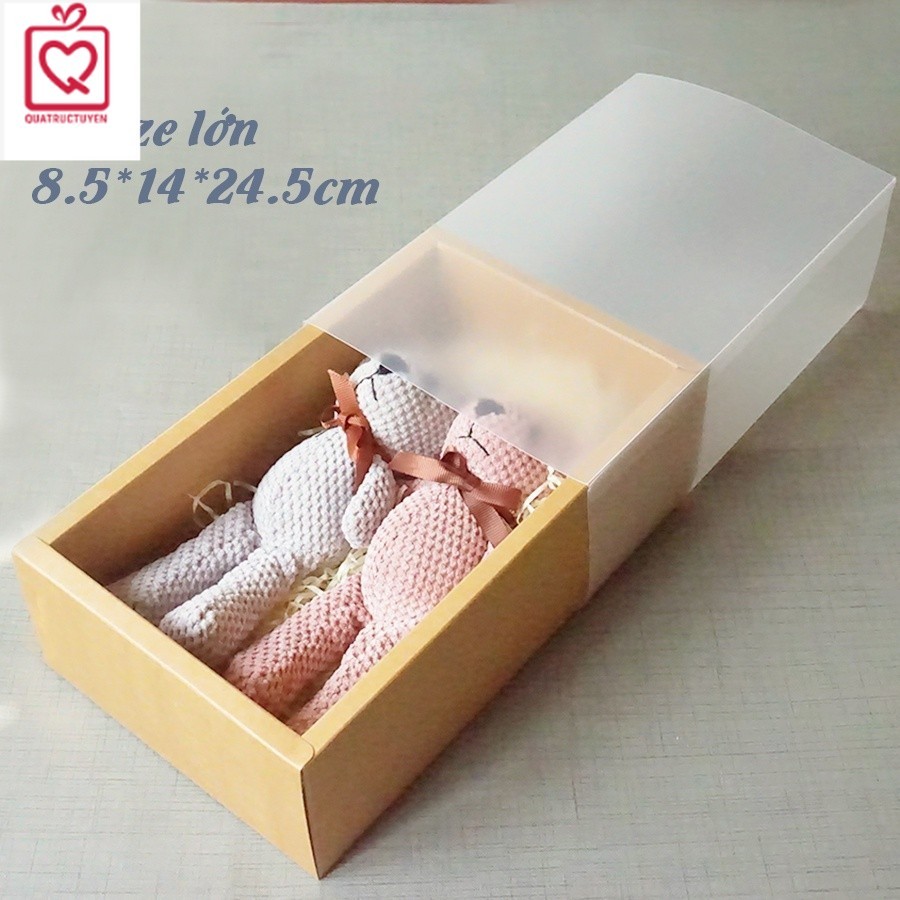 Hộp quà tặng 8/3 giấy kraft nắp kính trong suốt mờ nắp kéo H12, hộp giấy vintage kèm rơm