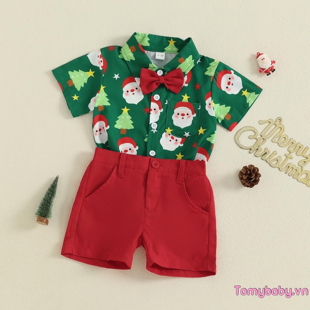 Bộ trang phục Giáng sinh cho bé trai mới biết đi Áo sơ mi nơ ngắn tay in hình ông già Noel + Quần Short màu trơn Bộ 2 món quý ông