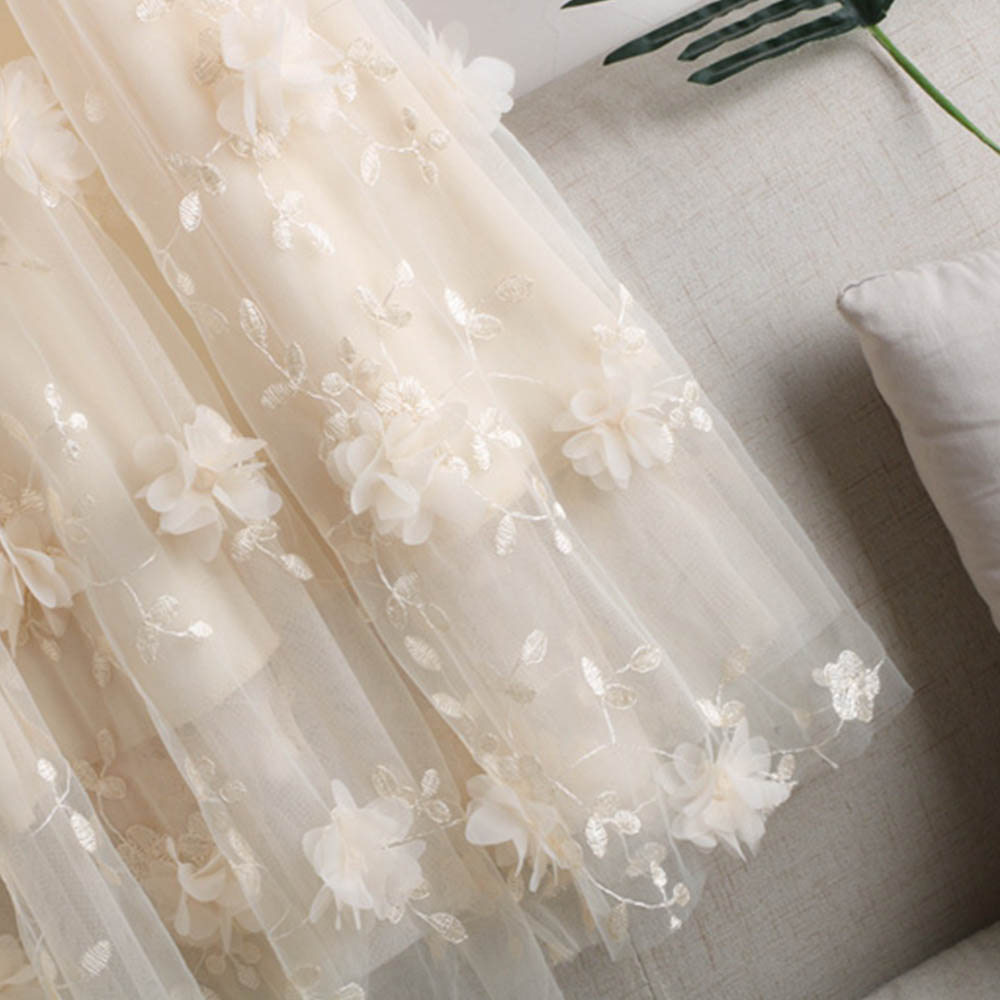 Váy lưng cao nữ Váy lưới hai lớp thêu hoa đùi váy dài