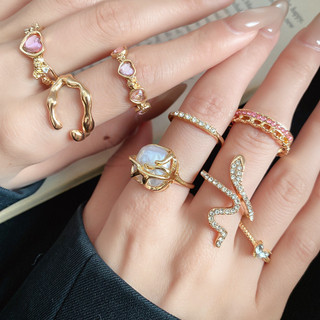 Bộ nhẫn vàng 8 món: Trái tim hồng, ngọc trai, rắn, kim cương giả - Style ngọt ngào lãng mạn cho phụ kiện nữ thời trang