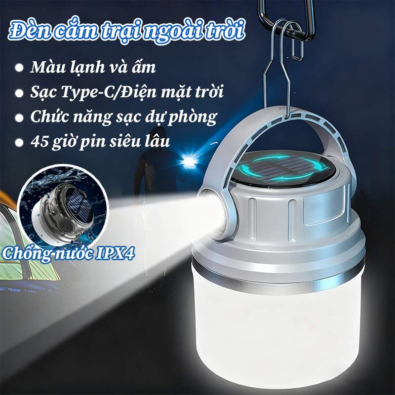 Đèn Cắm Trại Đèn - Bóng Đèn LED Tích Điện Đa Năng, Sạc type-c + Sạc NL Mặt Trời Chống Thấm Nước, Nhà & Cắm Trại