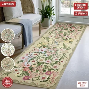 Thảm hành lang hoạ tiết hoa phong cách Pháp – 2 loại đế: nhung nước đế chấm chống trượt / giả lông cừu đế giặt nước, dùng cho sảnh, lối đi, cạnh giường