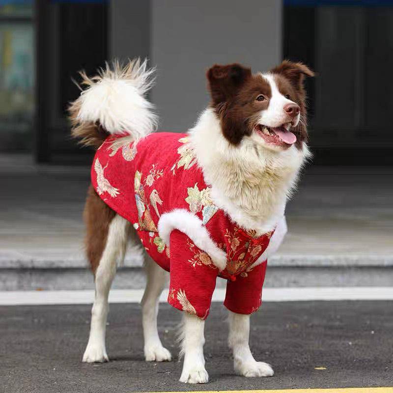 【Ready Stock】 Dog Chinese New Year Clothes Medium Large Dog Golden Retriever Samo Border Collie Thickened Warm Elbow Pad Cotton-Padded Clothes Festive New Year Celebration Tang Suit ANXY