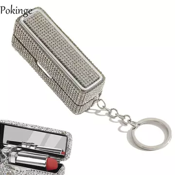 Hộp đựng Son bóng POKINGE, có móc khóa gương Hộp son môi đính đá, Hộp đựng son môi cầm tay nhẹ nhàng tiện lợi sáng bóng ngoài trời