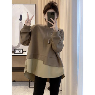 Plus Size Nữ Thu Đông Giữa Chiều Dài Giả Hai Mảnh Bao Bụng Ôm Hơn Nhìn Áo Nữ Rời Top Béo mm150kg ins
