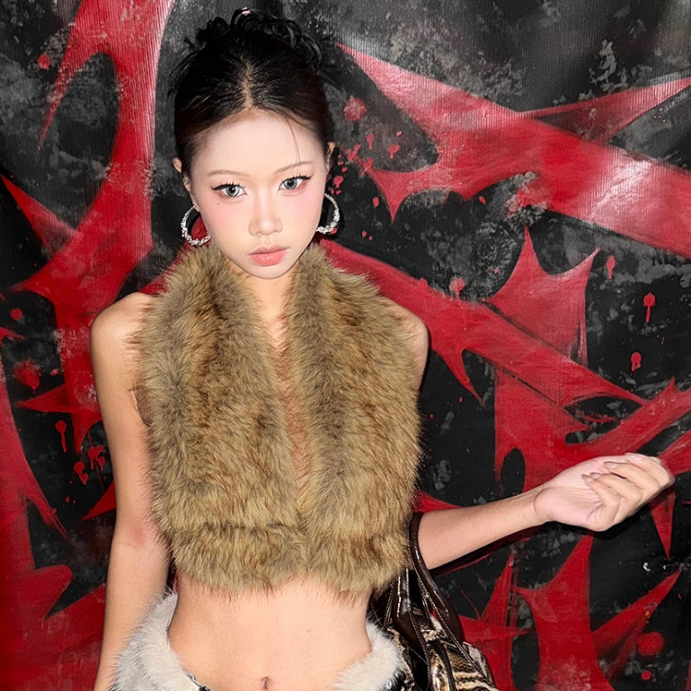 Cutenew Gợi Cảm Lông Halter Dây Xe Tăng Top Nữ Backless Da Báo Đơn Giản Hoang Dã Gothic Punk Mỏng Hottie Phố Nửa Đêm Clubwear Vest