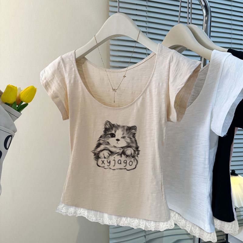 Milyfashion Áo Thun Mỏng Cotton Slub Ren Khâu, Họa Tiết Con MèoSlim-Fit Style C630